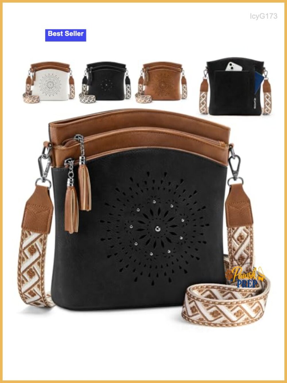 Faux Leather Floral Crossbody Bag with Adjustable Strap, 7 Pockets